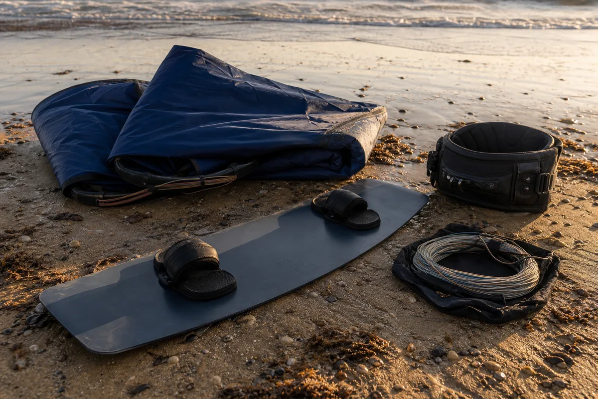 Aile de kitesurf gonflable, planche twin-tip et harnais posés sur le sable d&rsquo;une plage méditerranéenne