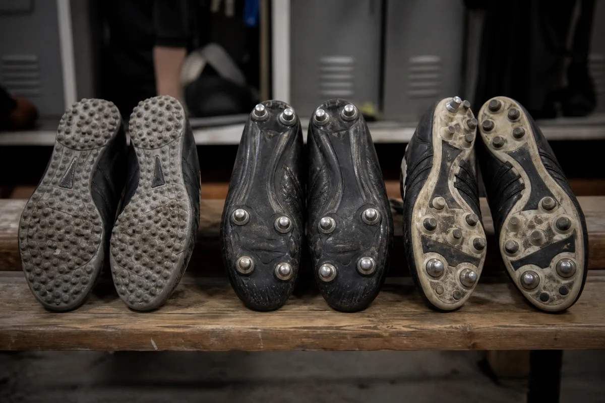 Trois paires de chaussures de rugby alignées sur un banc de vestiaire, semelles visibles avec crampons moulés, vissés et hybrides