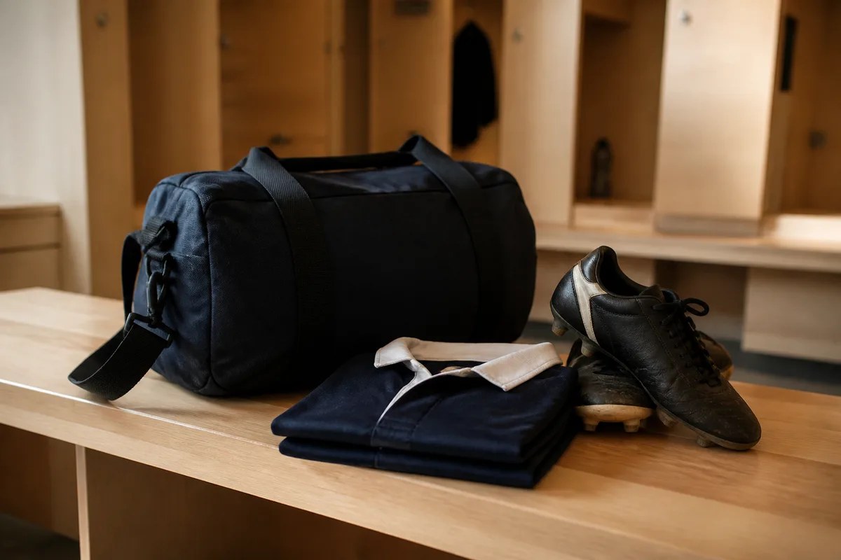 Sac de sport en toile unie posé sur un banc de vestiaire en bois clair, maillot plié à côté, lumière douce de fenêtre latérale