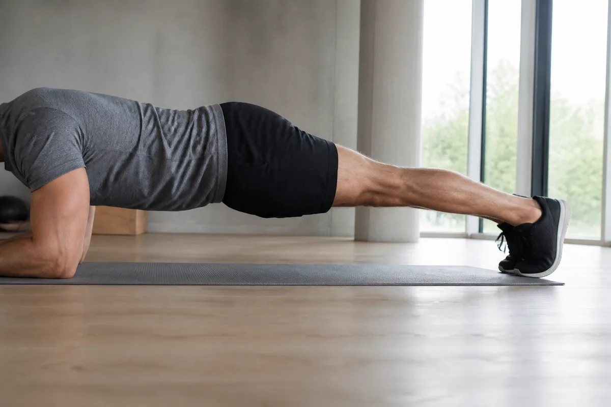 Silhouette de sportif en planche ventrale sur un tapis de sol, appuis sur les avant-bras, salle claire