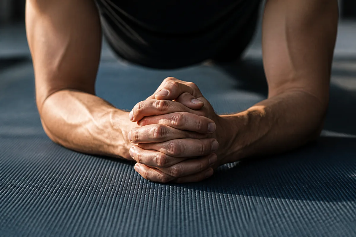 Mains et avant-bras en appui sur un tapis de sol, détail rapproché d&rsquo;une position de gainage