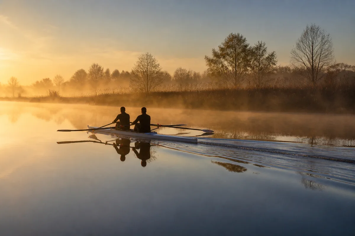 Rameurs en silhouette sur un plan d&rsquo;eau calme au lever du jour, cadrage large et lumière rasante