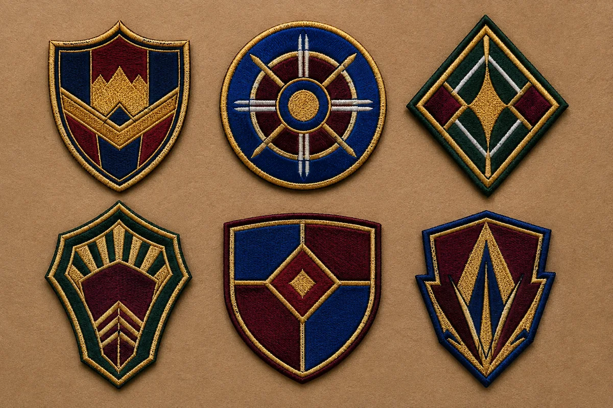 Planche graphique de six écussons de clubs sportifs français aux formes et couleurs contrastées, disposés en grille