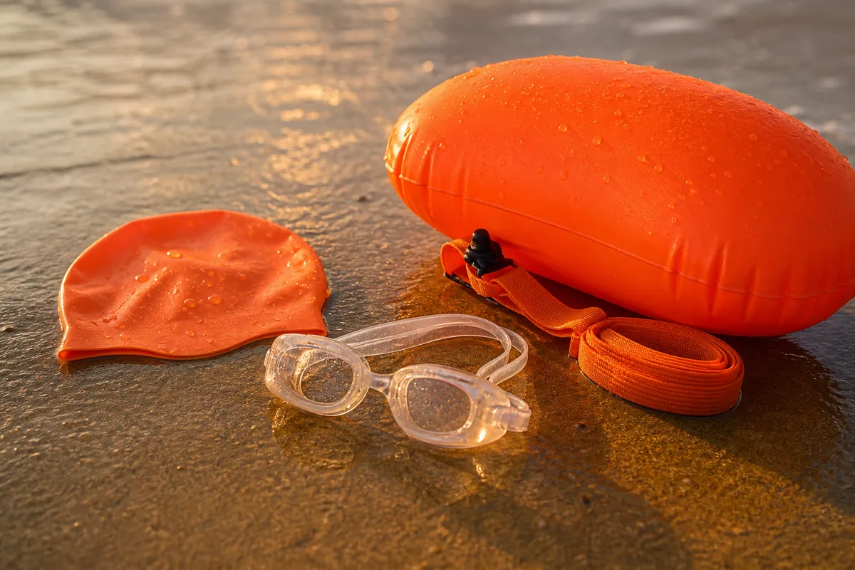 Bonnet de bain orange, lunettes de nage et bouée de sécurité posés sur le sable humide