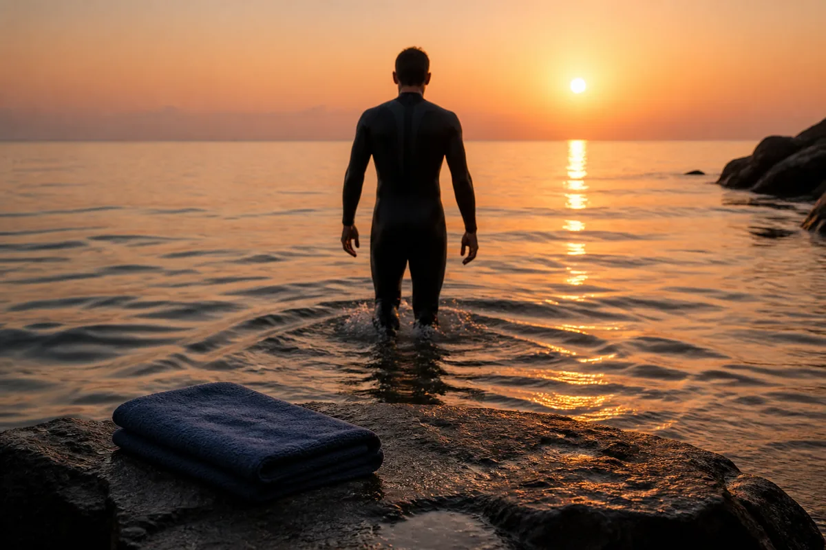 Nageur de dos sortant de l&rsquo;eau au bord d&rsquo;une plage méditerranéenne en fin de journée