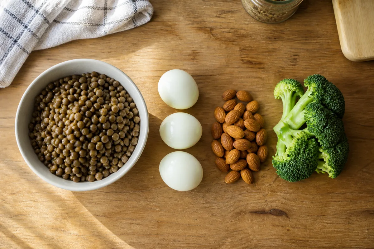 Assiette de sportif amateur composée d&rsquo;œufs durs, de lentilles vertes et de légumes vapeur