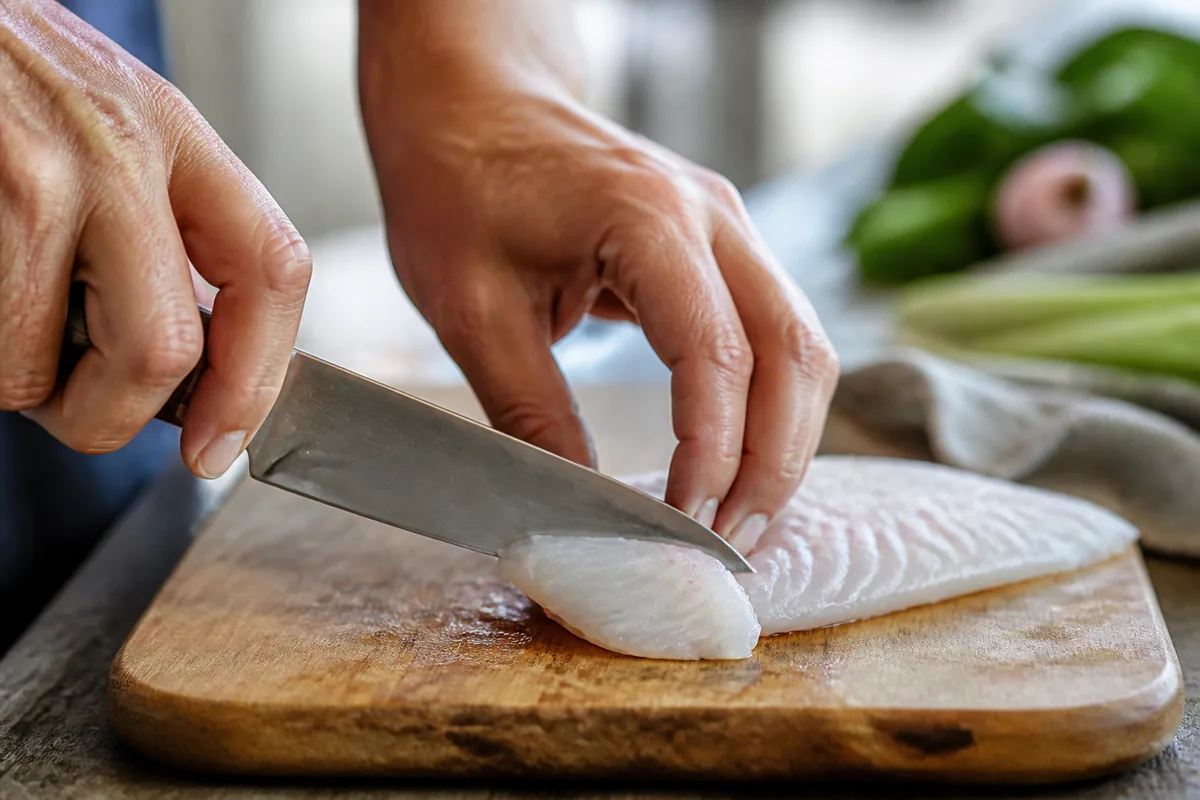 Mains d&rsquo;adulte découpant un filet de poisson blanc sur une planche en bois