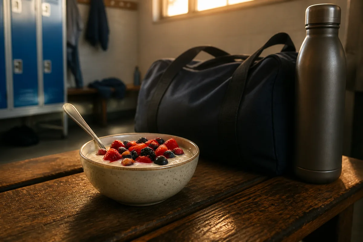 Bol de fromage blanc et fruits rouges posé sur un banc de vestiaire à côté d&rsquo;un sac de sport