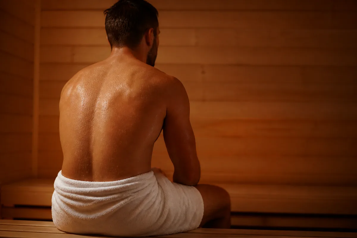 Sportif assis sur un banc de bois clair dans une cabine de sauna