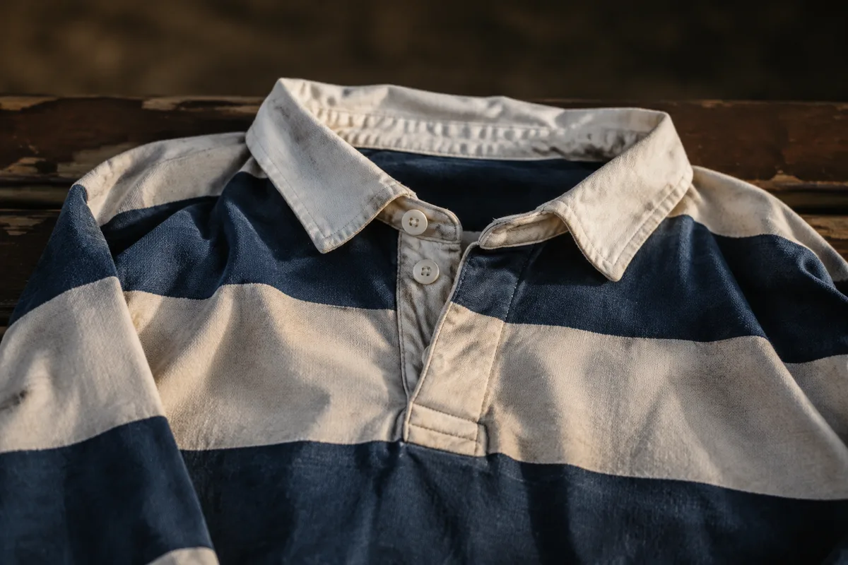 Maillot de rugby en coton épais posé sur un banc de vestiaire en bois, col blanc renforcé et patte de boutonnage visible