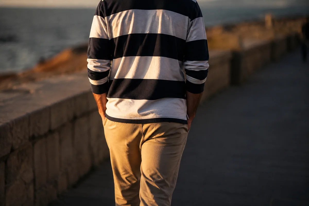 Silhouette masculine de dos en polo de rugby rayé et pantalon en toile, marchant sur un front de mer méditerranéen