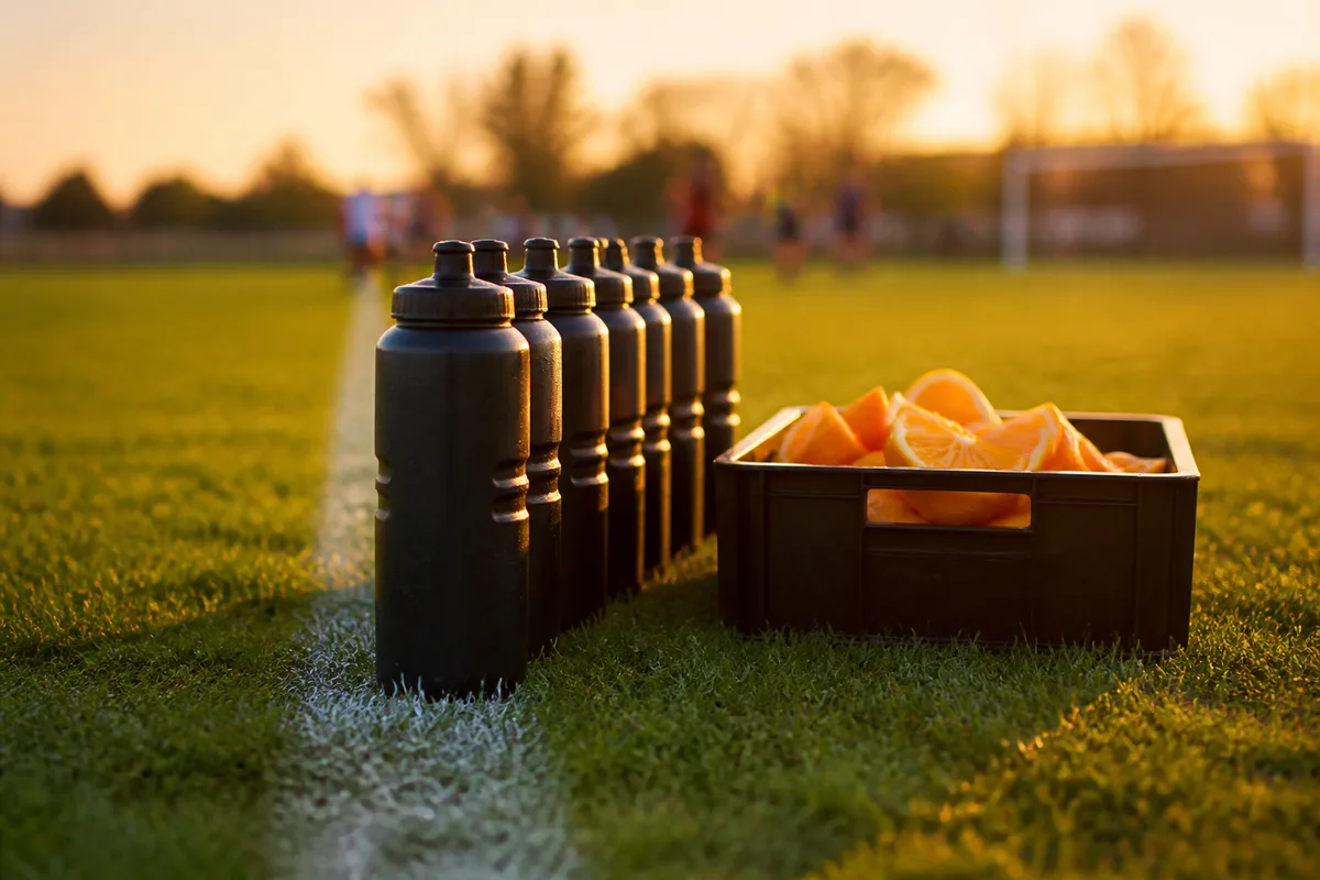 Bidons de boisson alignés au bord d&rsquo;un terrain en herbe à côté d&rsquo;une caisse de quartiers d&rsquo;orange